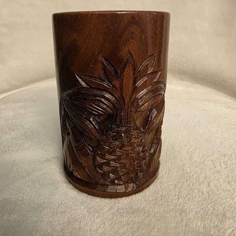 Carved Wood Tiki Mug with Handle Pineapple Design Aloha Hawaii Monkey Pod